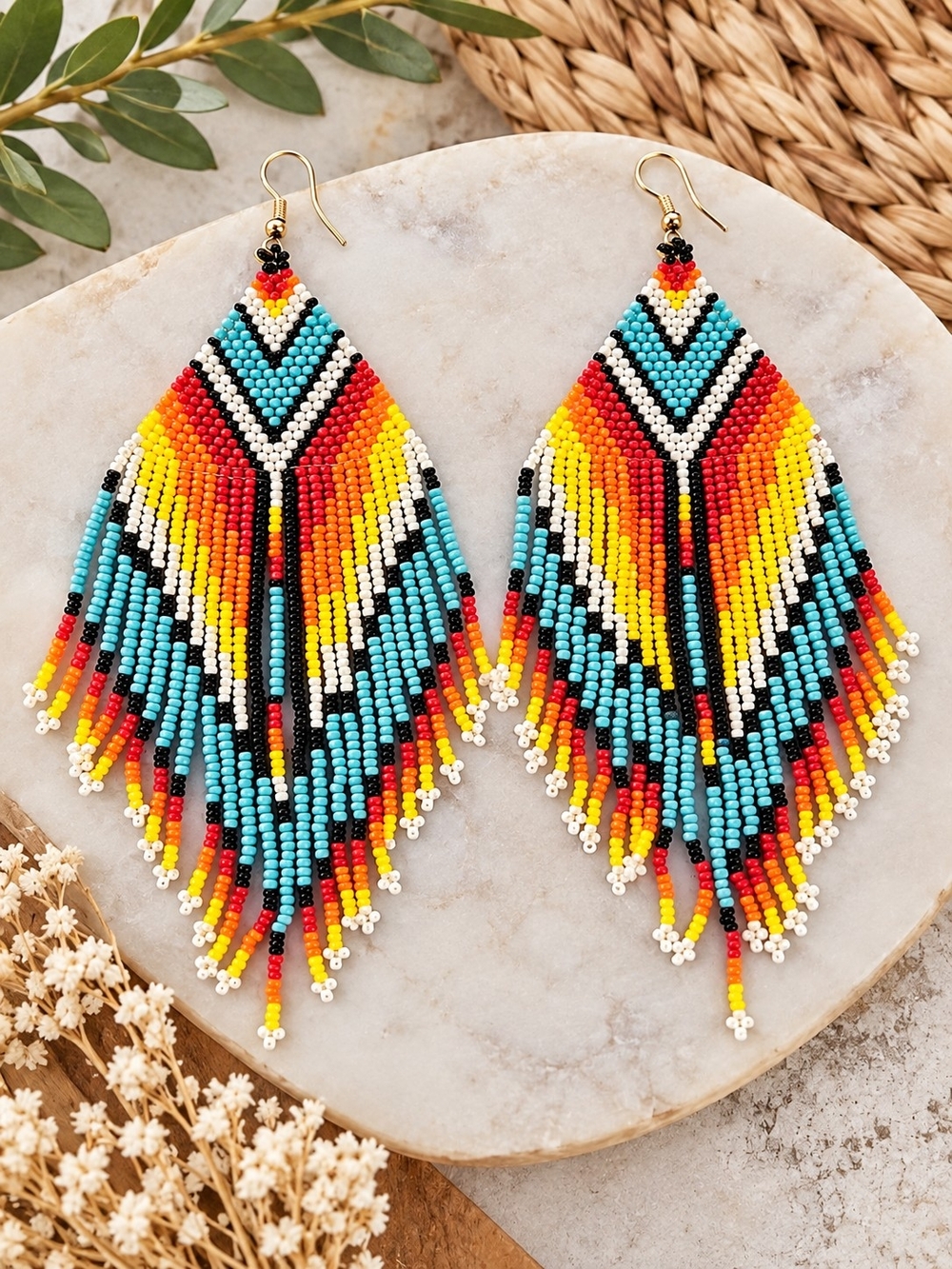 Boho Beaded Fringe Statement Earrings Multicolor Turquoise Southwest Style